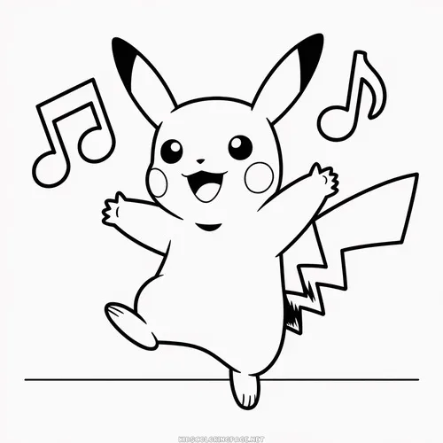 Pikachu nhún nhảy theo nốt nhạc với hai tay giơ cao, nét mặt hào hứng phù hợp cho trẻ 4 tuổi tô vui