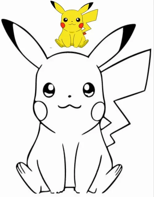 Pikachu ngồi thẳng với bản mẫu màu nhỏ phía trên, thân vàng và má đỏ giúp bé dễ hình dung cách tô