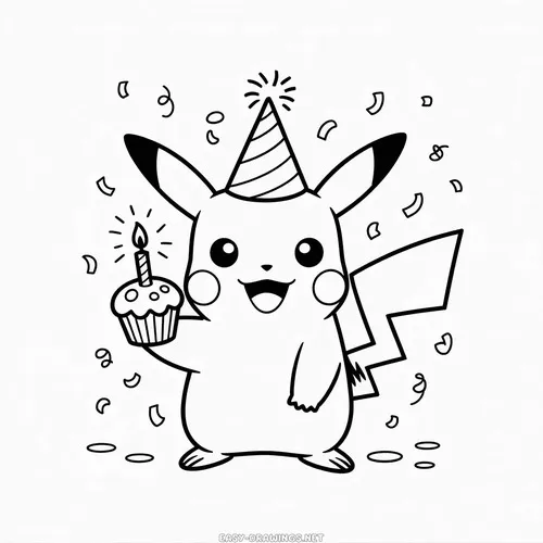 Pikachu đội mũ sinh nhật cầm bánh cupcake, xung quanh có pháo giấy nhỏ tạo bối cảnh tiệc rất vui