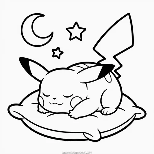 Pikachu ngủ ngoan trên chiếc đệm mềm dưới trăng sao, khung cảnh êm dịu phù hợp cho trẻ 4 tuổi tô thư giãn