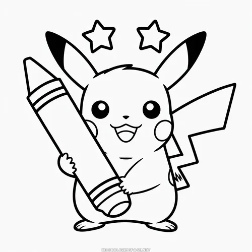 Pikachu cầm cây bút chì to giữa các ngôi sao, nụ cười hào hứng gợi cảm giác đang chuẩn bị vẽ tranh