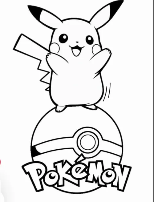 Pikachu đứng trên quả cầu Poke dưới chữ Pokémon, dáng giơ tay cao làm hình vẽ trông rất năng động