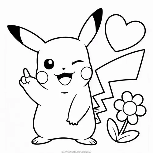 Pikachu nháy mắt bên trái tim và bông hoa nhỏ, dáng chỉ tay đáng yêu phù hợp cho bé 5 tuổi tô sáng tạo