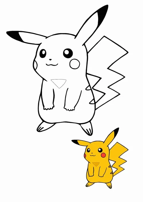 Trang tập tô màu Pikachu đứng đơn giản với bản mẫu màu nhỏ phía dưới, đôi tai cao giúp hình rất dễ nhận biết