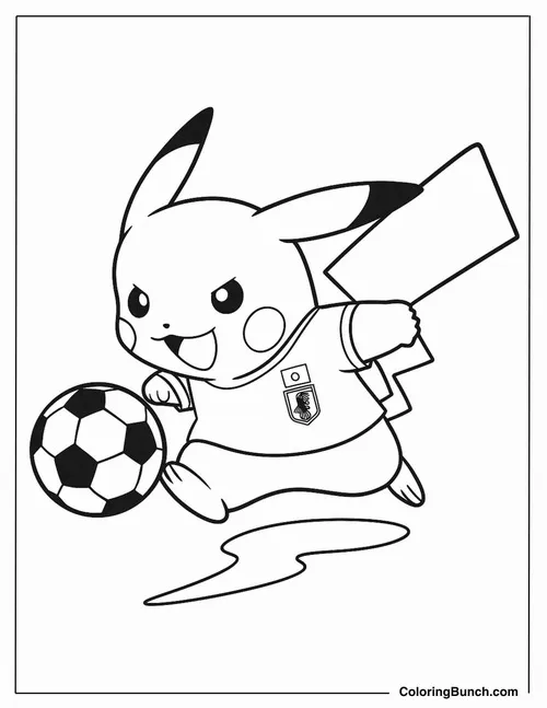 Pikachu mặc áo thể thao chạy theo quả bóng, dáng nghiêng người tạo cảm giác đang chơi trên sân cỏ