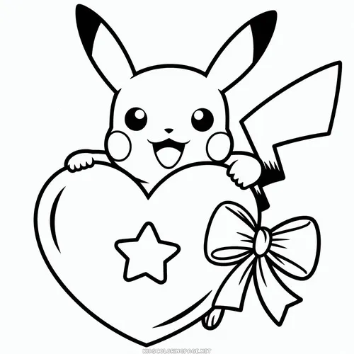 Pikachu ló ra sau trái tim lớn có ngôi sao và nơ, khuôn mặt tươi cười khiến tranh tô màu chuột điện thêm dịu dàng