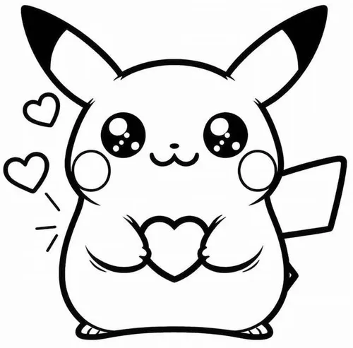 Pikachu thân tròn ôm trái tim bằng hai tay, đôi mắt to lấp lánh làm bản phác thảo nhìn rất mềm mại