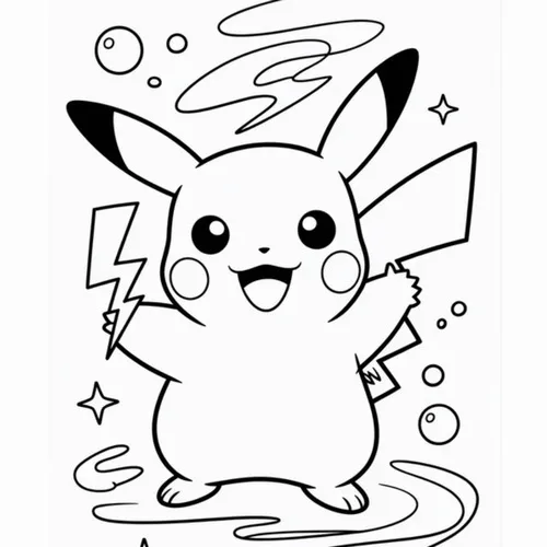 Tải hình tô màu Pikachu đứng giữa nước xoáy và tia điện, hai tay dang rộng như đang biểu diễn sức mạnh vui nhộn