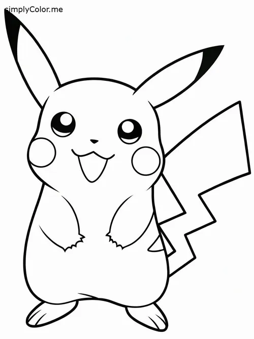 Pikachu đứng cười lớn với đôi tay sát người, đường viền dày rõ giúp bé tô thân và tai thật gọn