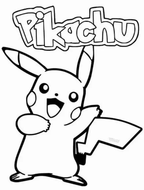 Pikachu giơ tay dưới chữ Pikachu lớn, đuôi tia chớp vươn ngang tạo bố cục nổi bật trên khung giấy