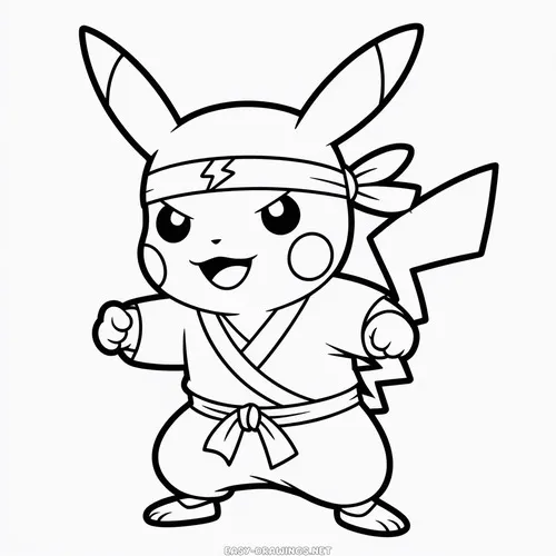 Pikachu mặc đồ ninja với băng đô và đai thắt, dáng chạy mạnh mẽ phù hợp cho trẻ 7 tuổi thích phiêu lưu