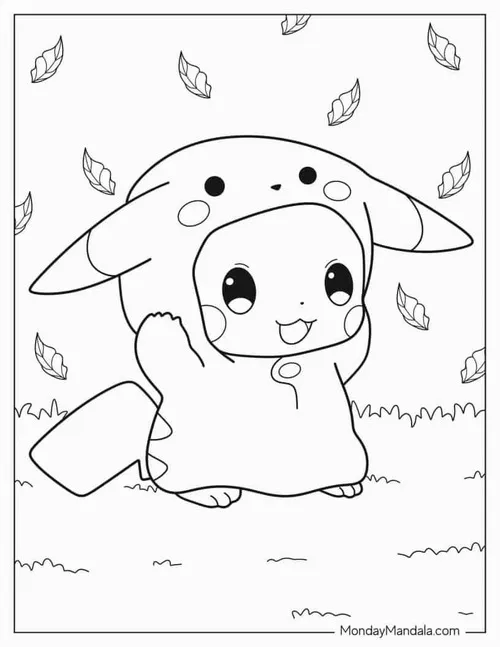 Pikachu nhìn viên đá tia chớp với vẻ tò mò, chiếc đuôi sau lưng tạo điểm nhấn cho bé 8 tuổi tô tưởng tượng