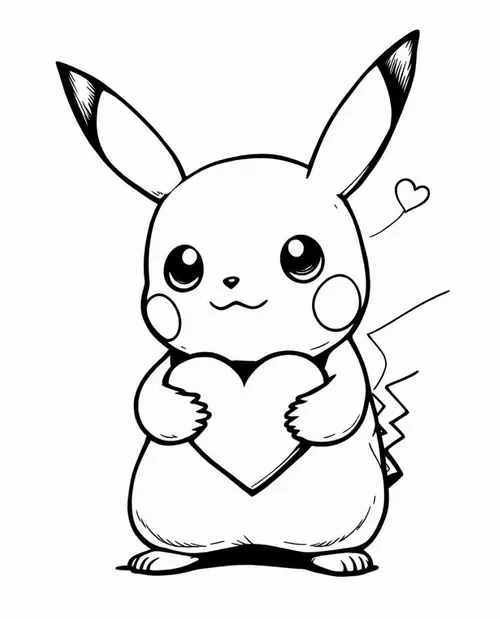 Pikachu nhỏ ôm trái tim trước ngực, nét mặt hiền lành và tai dựng cao phù hợp cho trẻ 7 tuổi tô nhẹ nhàng