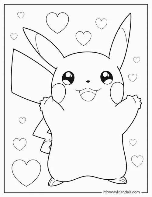 Tô tranh Pikachu đưa hai tay lên má giữa những trái tim nhỏ, biểu cảm vui sướng làm trang giấy thật rộn ràng