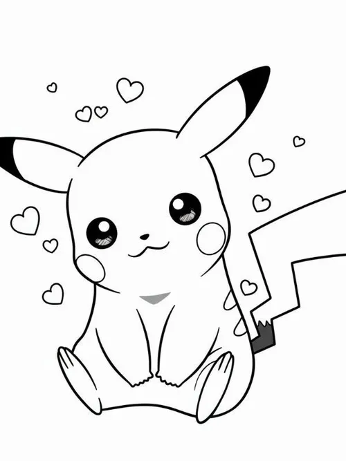 Pikachu ngồi nghiêng cạnh các trái tim nhỏ, đôi mắt dịu và chiếc đuôi sau lưng tạo dáng rất thân thiện