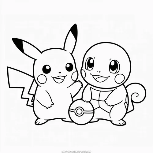 Tranh bé tập tô màu Pikachu đứng cạnh Squirtle cầm quả cầu Poke, hai nhân vật cười tươi như đang chuẩn bị phiêu lưu