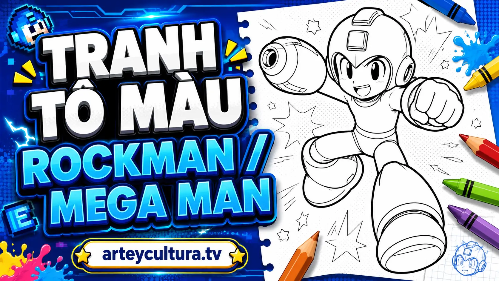 30 Tranh Tô Màu Rockman/Mega Man với bộ giáp xanh, mũ bảo hiểm chắc chắn và Mega Buster mạnh mẽ