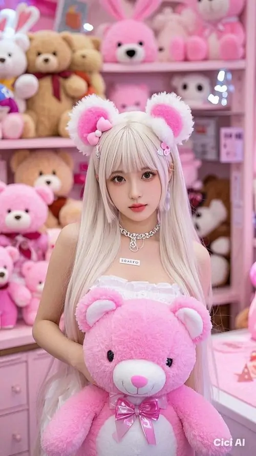 Giữa kệ gấu bông pastel, người mẫu tóc trắng ôm thú bông hồng với ánh mắt trong trẻo và trang phục mềm mại