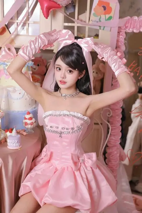 Cô gái mặc váy hồng ngắn giơ tay tạo dáng trước phông nền trang trí, nụ cười tươi làm khung hình thêm rạng rỡ