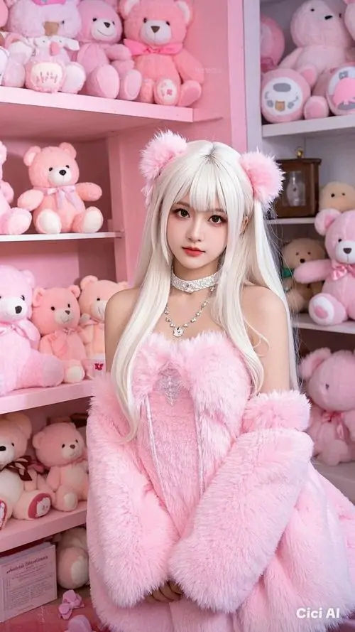 Người mẫu tóc bạch kim ngồi cạnh kệ gấu bông hồng, áo lông pastel tạo cảm giác kẹo ngọt và đáng yêu