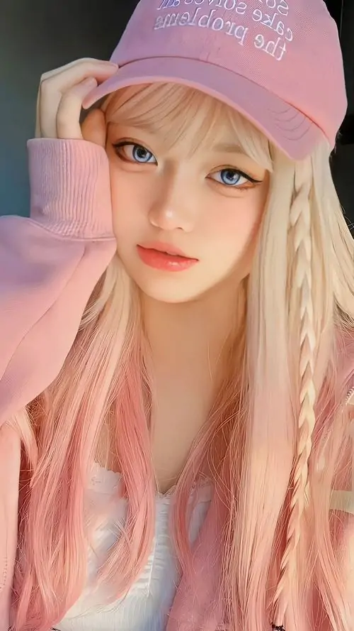 Gương mặt gái xinh mặc pinky nổi bật dưới mũ lưỡi trai hồng, mái tóc vàng hồng buông dài và ánh nhìn mềm mại