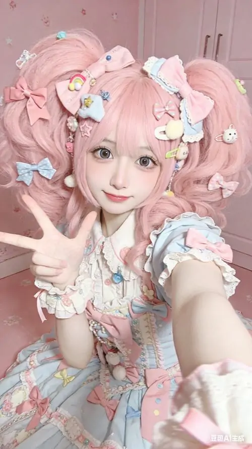 Cô nàng cosplay tóc hồng giơ tay chụp selfie, phụ kiện nơ hoa và trang phục ren trắng tạo vẻ ngọt ngào cuốn hút