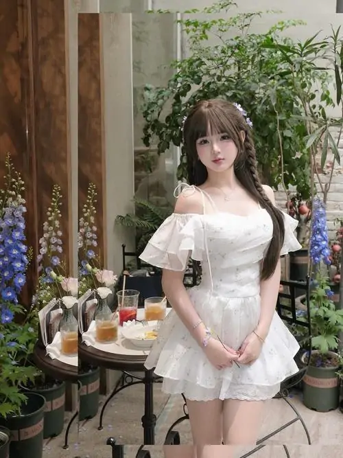 Bên bàn cà phê ngoài hiên, cô gái váy trắng đứng khép tay, mái tóc nâu dài và gương mặt trang điểm nhẹ