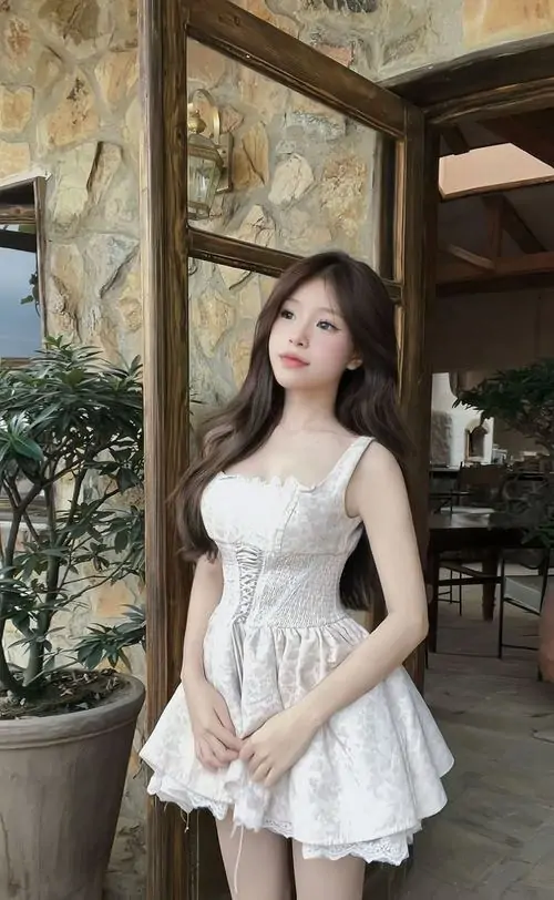 Khung cửa gỗ và cây xanh tạo nền ấm, cô nàng mặc đầm trắng ren đứng nghiêng với ánh mắt dịu dàng