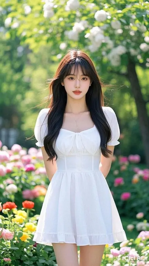 Gái xinh mặc váy trắng ngắn đứng giữa vườn hoa nhiều màu, tóc đen dài thả trước ngực và ánh mắt trong veo