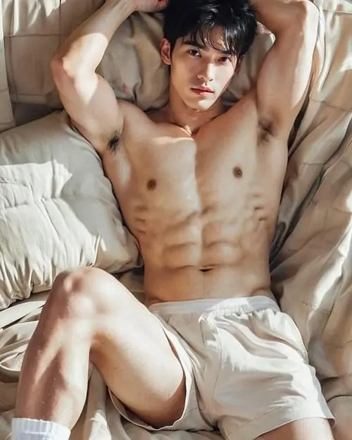 Tông trắng trên giường làm nổi bật ảnh thanh niên Việt vóc dáng chuẩn, chàng trai mặc quần sáng màu, tóc đen rối và mắt nhìn sâu
