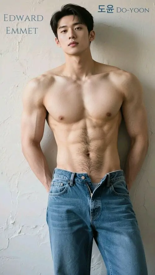 Poster studio tông sáng ghi lại ảnh trai sáu múi Việt Nam, người mẫu mặc jeans xanh, tóc đen bồng và dáng đứng rất chỉn chu