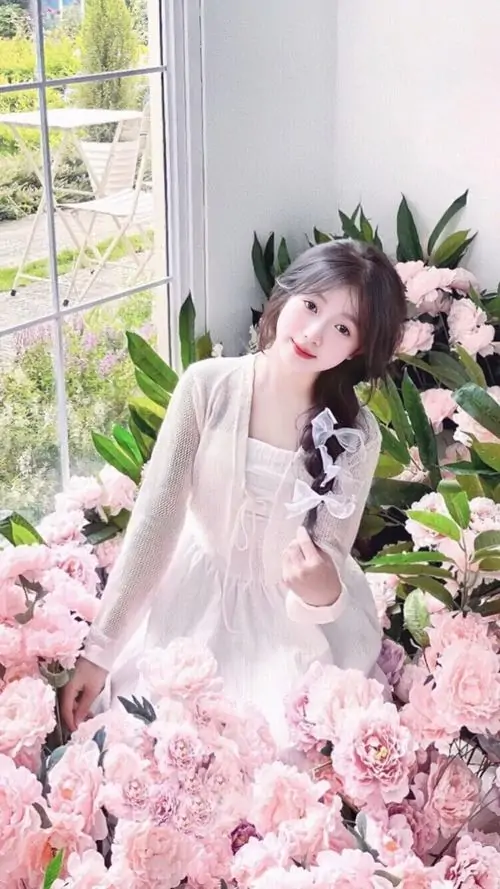 Gái xinh cute ngồi bên cửa tiệm nhỏ, áo len hồng nhạt, túi vải đơn giản và nụ cười mím môi nhìn rất dễ mến