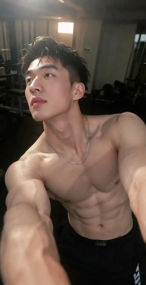 Anh trai co bap tap luyen truoc guong voi ao tank top toc gon va dang dung tu tin day suc hut 1
