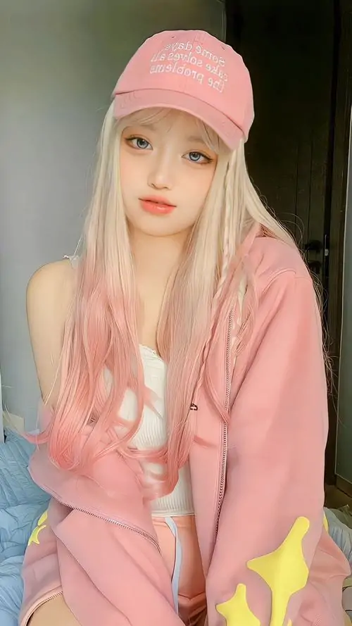 Cô gái đội mũ hồng ngồi trước phông sáng, gái xinh mặc pinky hiện lên nhẹ nhàng với mái tóc vàng dài