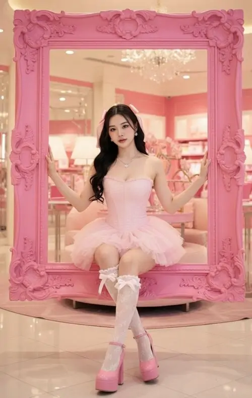 Trong khung gương hồng nghệ thuật, ảnh người đẹp sắc hồng hiện lên với váy voan xòe và tư thế ngồi duyên dáng