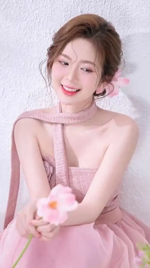 Người mẫu ngồi trên ghế trắng cầm hoa, váy lụa hồng nhạt và nụ cười rạng rỡ tạo không khí trong trẻo