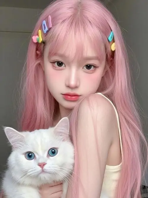 Cô nàng tóc hồng bế mèo trắng trước ống kính, kẹp tóc nhiều màu và áo sát nách hồng tạo vẻ trẻ trung