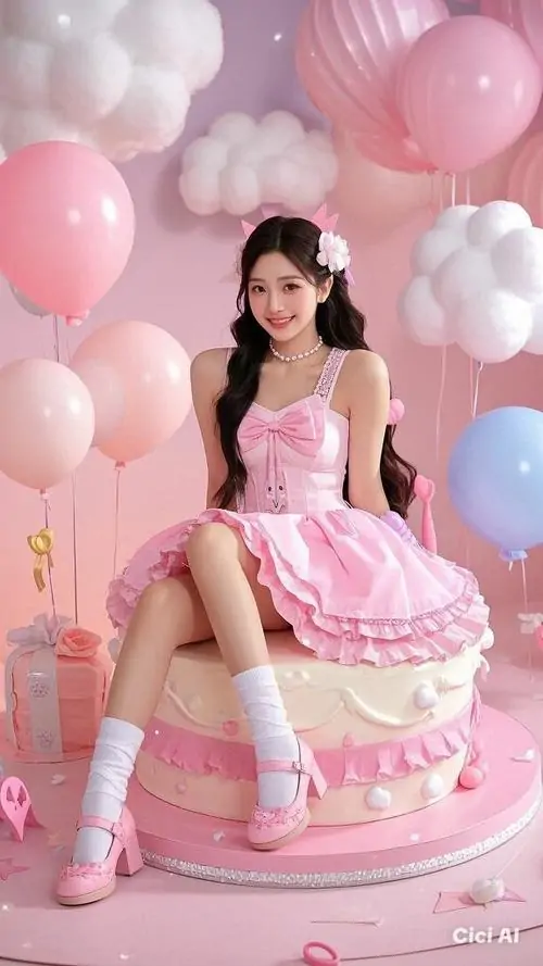 Phông bóng bay và hộp quà hồng làm nền cho ảnh mỹ nữ trang phục pinky, cô gái ngồi nghiêng với nụ cười duyên