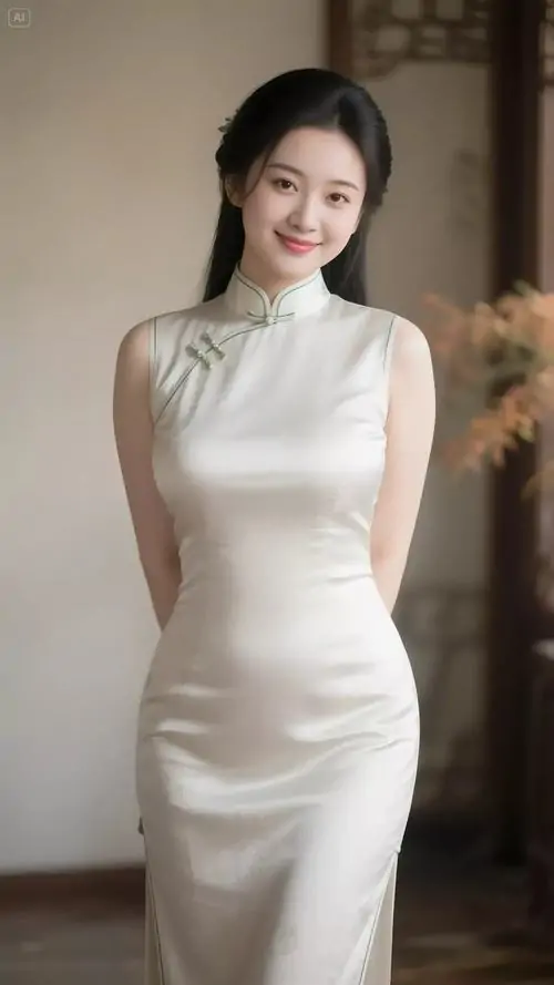 Cô gái mặc váy trắng đứng bên ánh đèn ấm, dáng người thanh thoát và nụ cười nhẹ làm khung hình sang hơn
