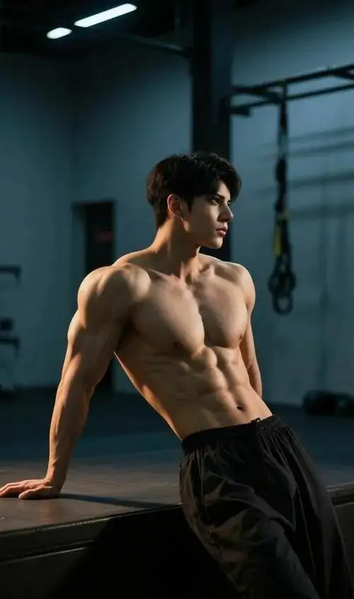 Nam mẫu ngồi trên ghế trước nền tường sáng, quần ngắn đen, tay đặt thoải mái và cơ bụng cắt nét ở trung tâm khung hình