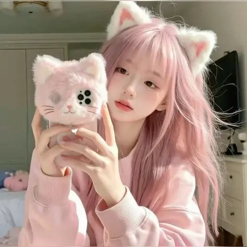 Ánh sáng tương phản nhẹ làm nổi bật độ ửng của má, cô gái mặc váy hồng đậm mỉm cười giữa nền hoa mềm mại