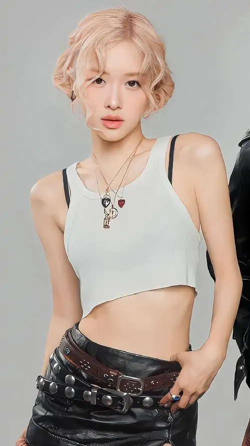 Nền trắng studio làm ảnh mỹ nhân thế giới nổi bật với cô gái tóc vàng ngắn, áo crop top trắng và dáng đứng gọn gàng
