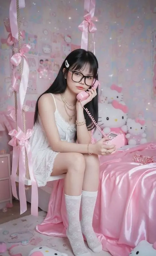 Cô gái đeo kính ngồi giữa phòng hồng, váy trắng mềm và nụ cười tươi tạo cảm giác ngọt ngào, đáng yêu