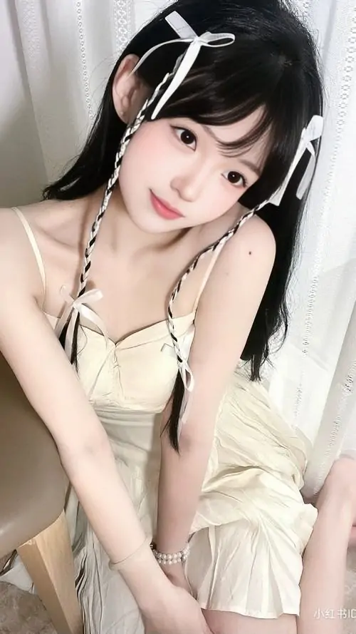 Bộ váy sáng màu cùng phụ kiện tai mèo giúp cô gái tóc đen thêm đáng yêu, dáng ngồi khép nhẹ và biểu cảm trong trẻo
