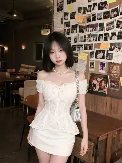Giữa hành lang màu kem, hình ảnh cô gái mặc đầm trắng dáng ngắn nổi bật với mái tóc thẳng và dáng đứng thanh thoát