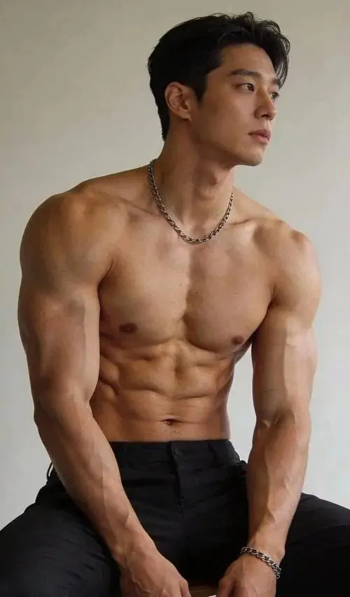 Trai 6 múi tạo dáng bên tạ tay, mồ hôi nhẹ trên da, quần tập ôm gọn và phông nền phòng gym tối