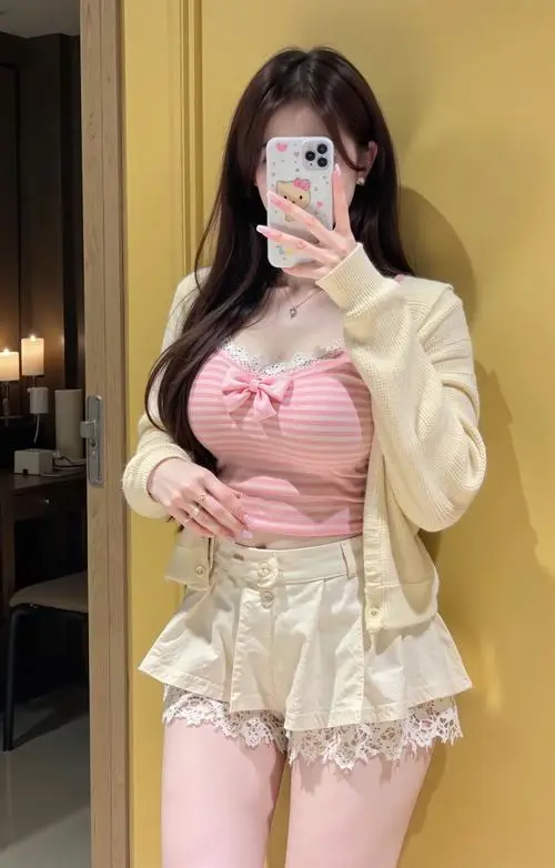 Gái xinh dáng đẹp mặc áo hồng cùng quần short trắng trước gương, tóc đen dài và dáng chụp nghiêng tạo cảm giác trẻ trung
