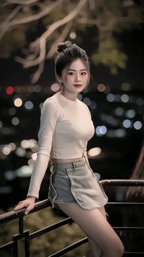 Ánh đèn đêm phía sau tạo nền lung linh cho cô gái mặc áo kem ôm dáng, chân váy xám và nụ cười rất duyên