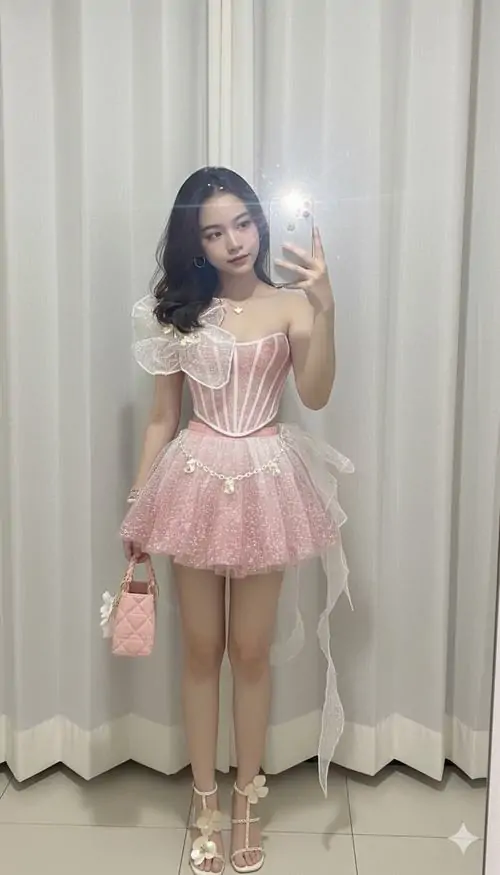 Hinh gai dep mac vay hong banh beo ta vay xoe mem mai va nu cuoi toa nang 7