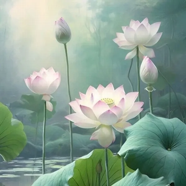 Cụm sen trắng hồng giữa lá xanh mờ, sương phủ nhẹ khiến cảnh hồ sen mang vẻ an ủi sau một ngày buồn